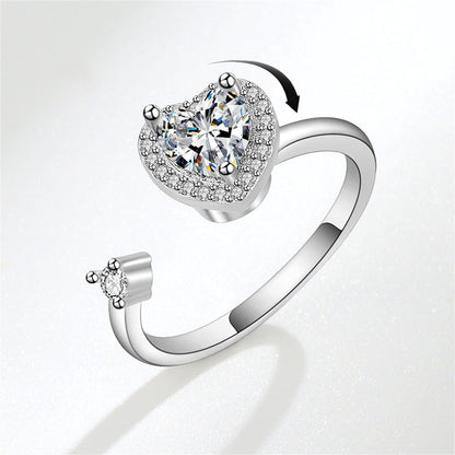 Crystal and Cubic Zirconia Silver-Plated Rotating Heart Open Ring, silver statement rings for women, front view