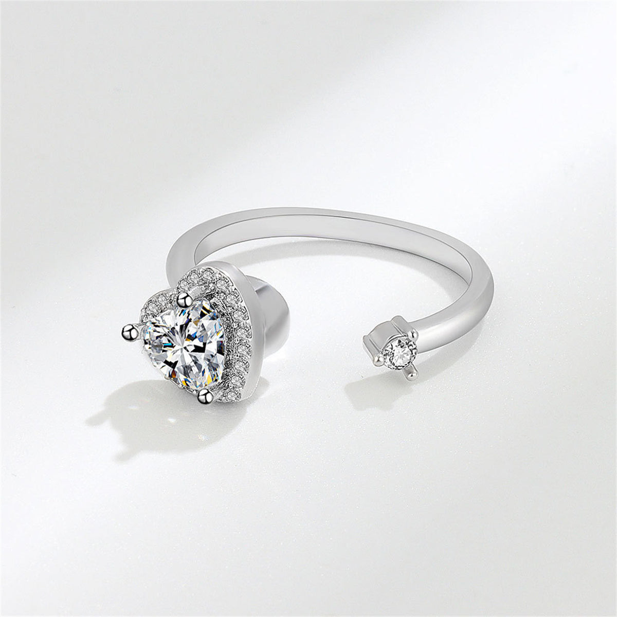 Crystal and Cubic Zirconia Silver-Plated Rotating Heart Open Ring, silver statement rings for women, detail close-up