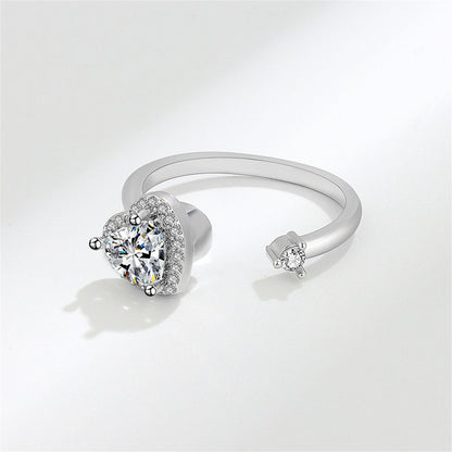 Crystal and Cubic Zirconia Silver-Plated Rotating Heart Open Ring, silver statement rings for women, detail close-up