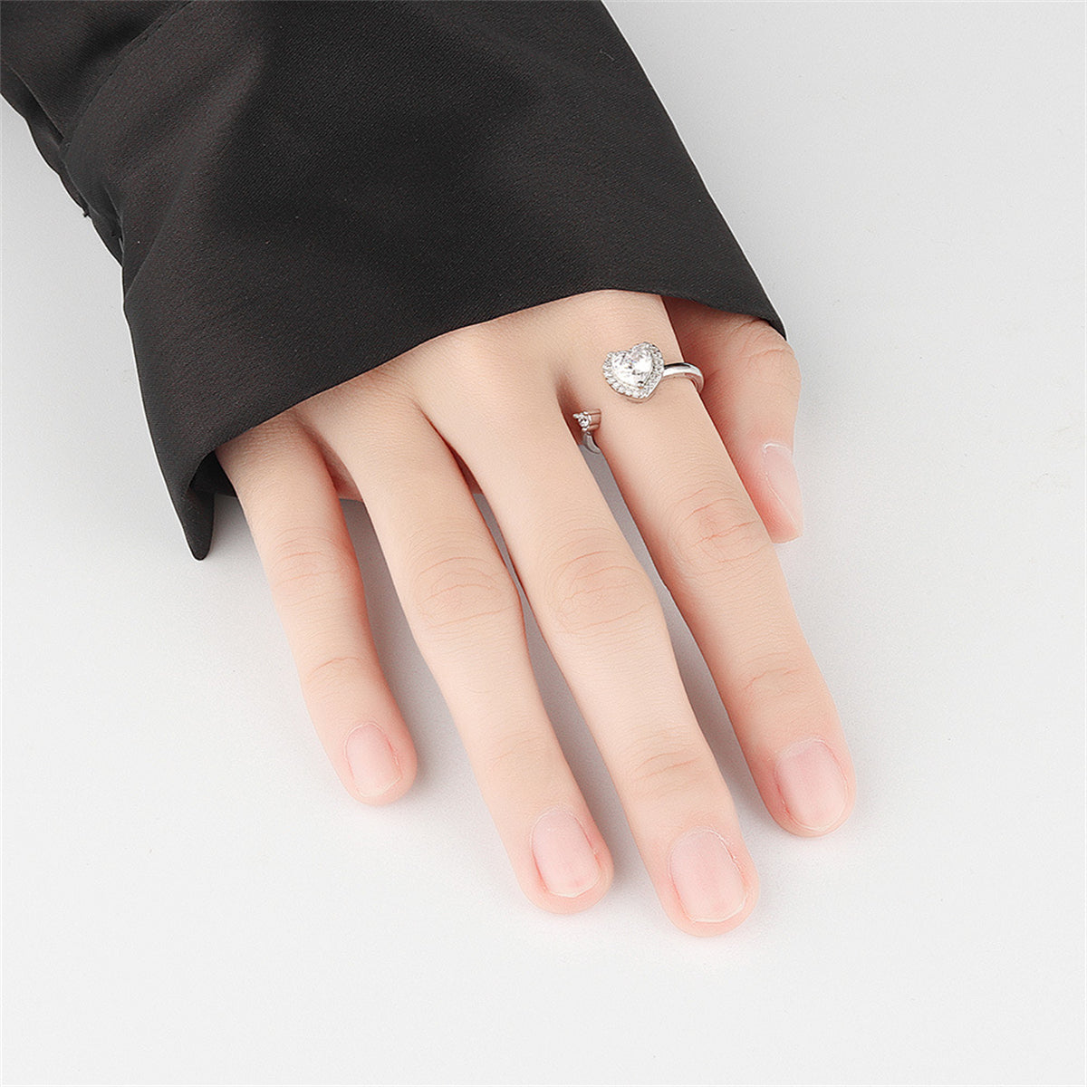 Crystal and Cubic Zirconia Silver-Plated Rotating Heart Open Ring, silver statement rings for women, lifestyle look