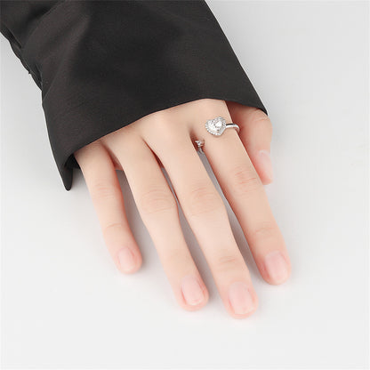 Crystal and Cubic Zirconia Silver-Plated Rotating Heart Open Ring, silver statement rings for women, lifestyle look