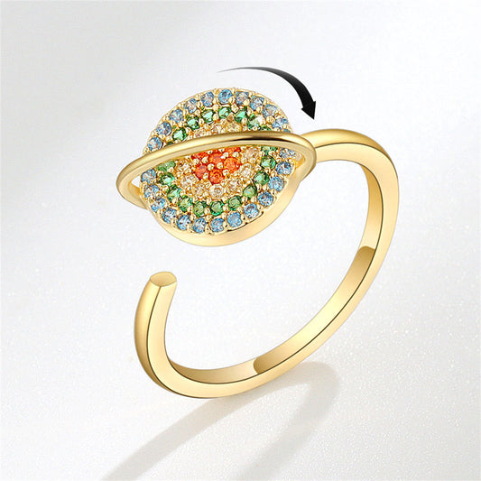 Blue Multicolor Cubic Zirconia and 18K Gold-Plated Rotating Planet Ring, gold statement rings for women, front view