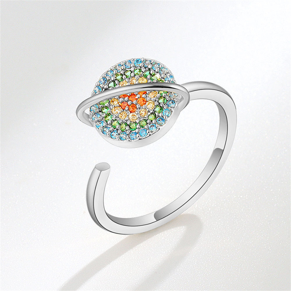 Multicolor Cubic Zirconia and Silver-Plated Rotating Planet Ring, silver statement rings for women, front view