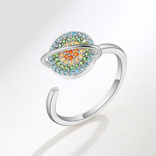 Multicolor Cubic Zirconia and Silver-Plated Rotating Planet Ring, silver statement rings for women, front view
