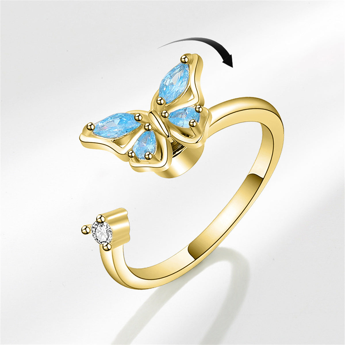 Crystal and Cubic Zirconia 18K Gold-Plated Rotating Butterfly Open Ring, gold statement rings for women, side view