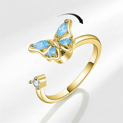 Crystal and Cubic Zirconia 18K Gold-Plated Rotating Butterfly Open Ring, gold statement rings for women, side view