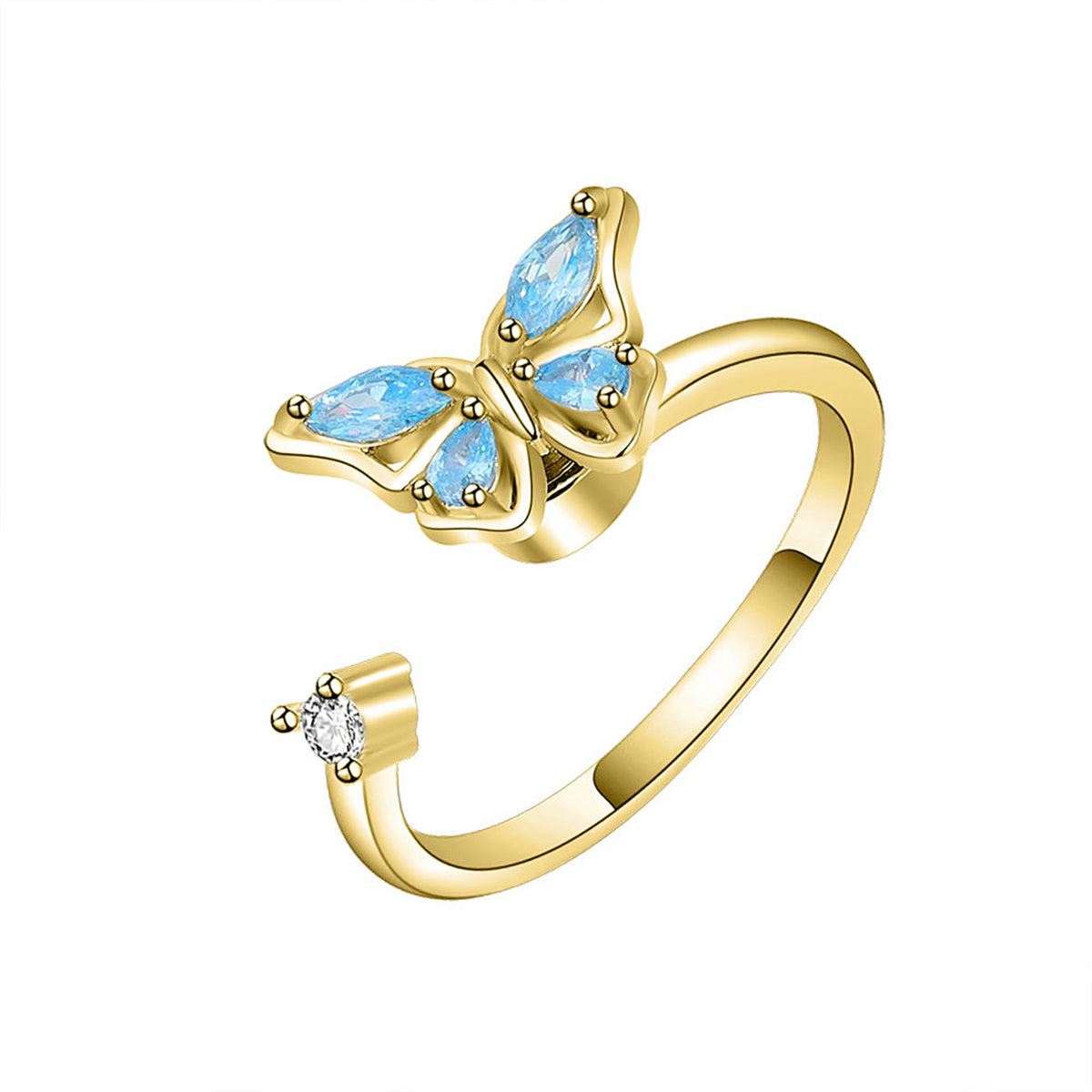 Crystal and Cubic Zirconia 18K Gold-Plated Rotating Butterfly Open Ring, gold statement rings for women, front view