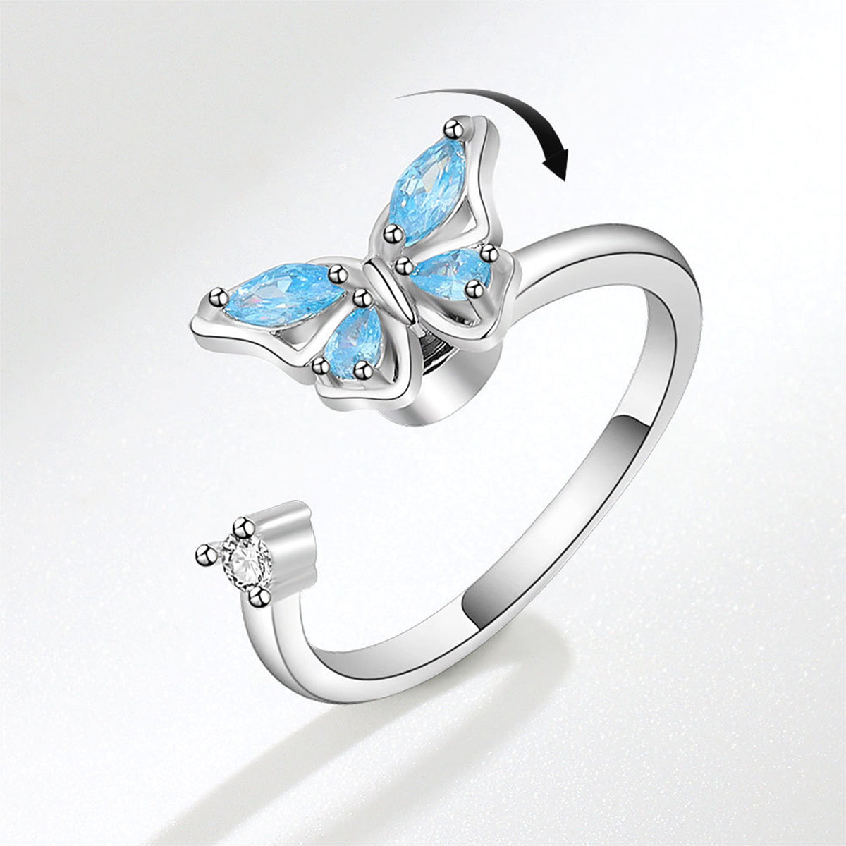 Blue Crystal and Cubic Zirconia Butterfly Open Ring, statement rings for women, botanical inspired, front view