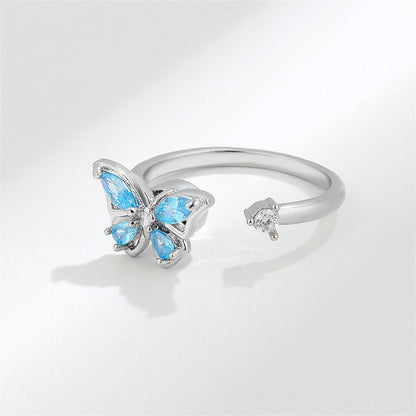 Blue Crystal and Cubic Zirconia Butterfly Open Ring, statement rings for women, botanical inspired, detail close-up