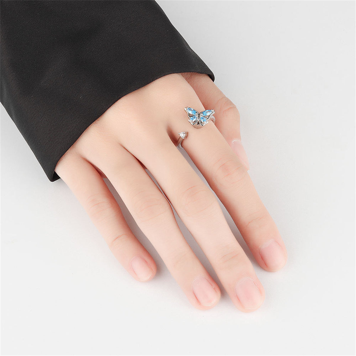 Blue Crystal and Cubic Zirconia Butterfly Open Ring, statement rings for women, botanical inspired, lifestyle look