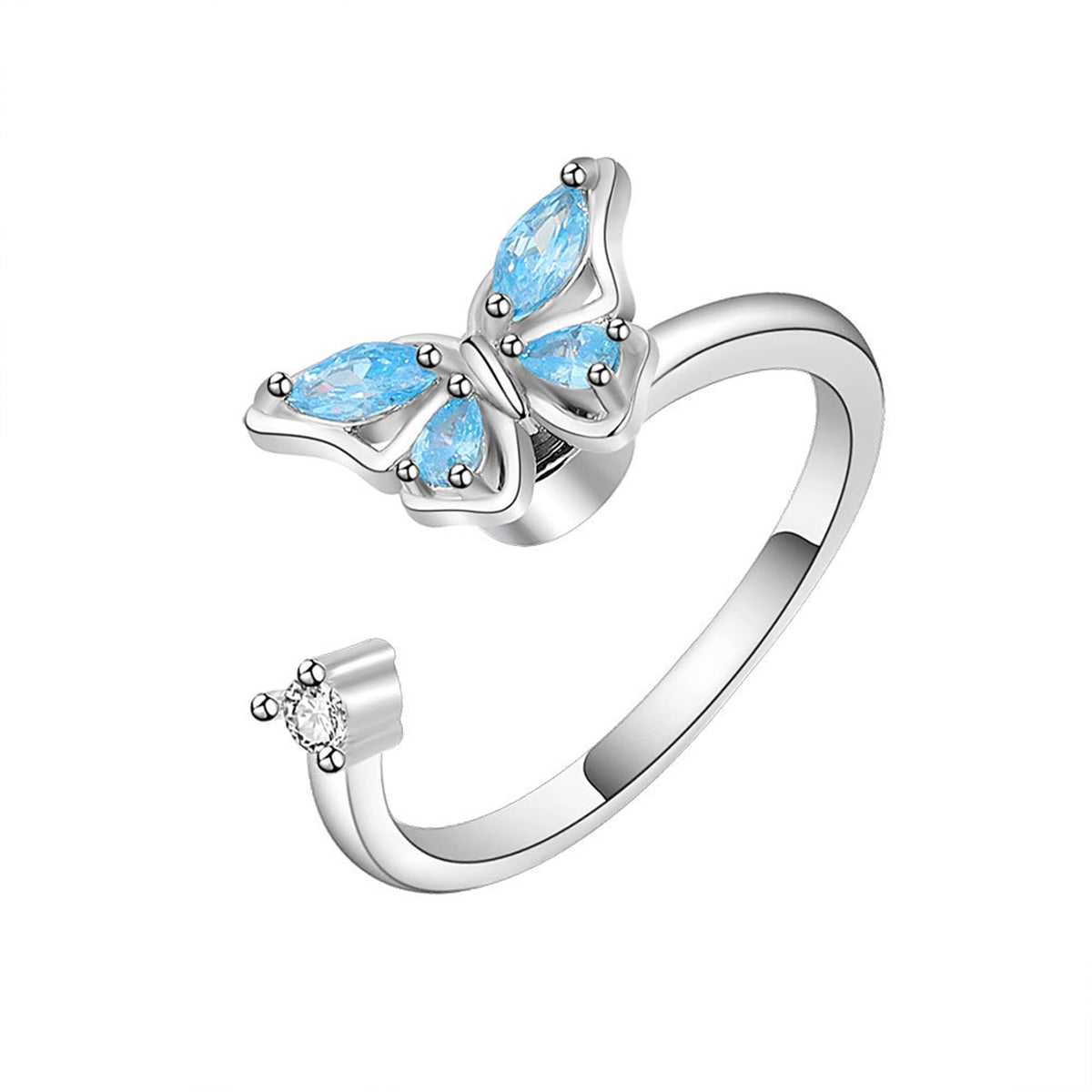 Blue Crystal and Cubic Zirconia Butterfly Open Ring, statement rings for women, botanical inspired, side view