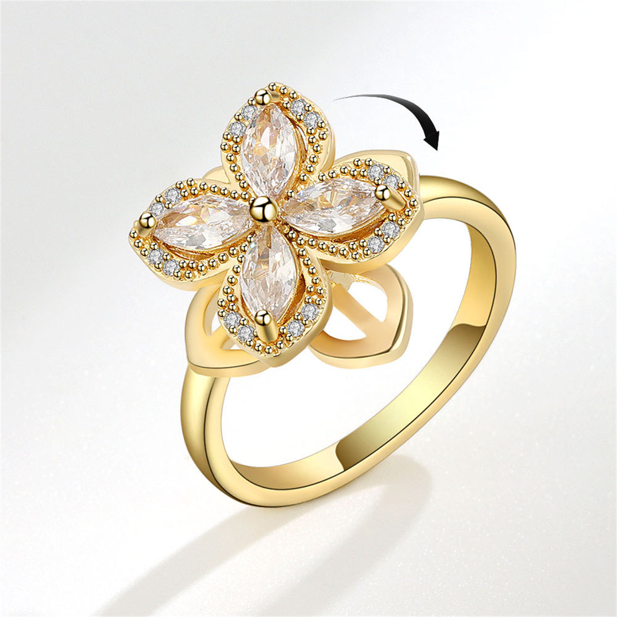 Crystal and Cubic Zirconia 18K Gold-Plated Rotating Floral Ring, gold statement rings for women, front view