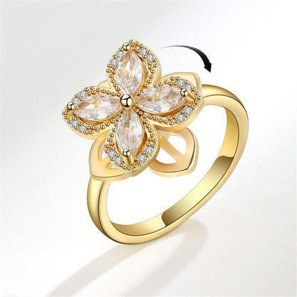 Crystal and Cubic Zirconia 18K Gold-Plated Rotating Floral Ring, gold statement rings for women, front view