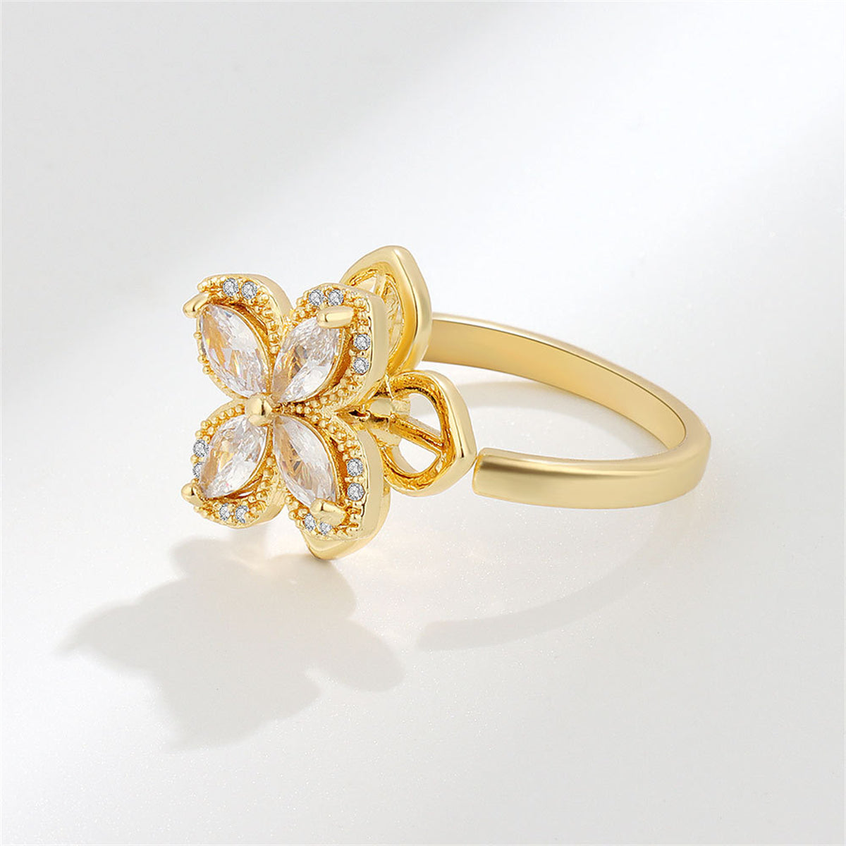 Crystal and Cubic Zirconia 18K Gold-Plated Rotating Floral Ring, gold statement rings for women, detail close-up