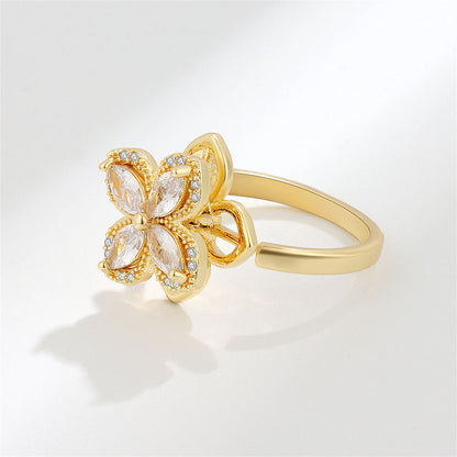 Crystal and Cubic Zirconia 18K Gold-Plated Rotating Floral Ring, gold statement rings for women, detail close-up