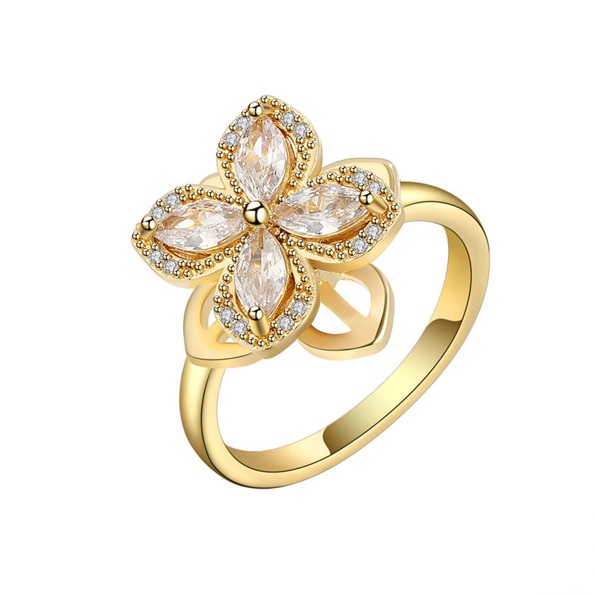 Crystal and Cubic Zirconia 18K Gold-Plated Rotating Floral Ring, gold statement rings for women, side view