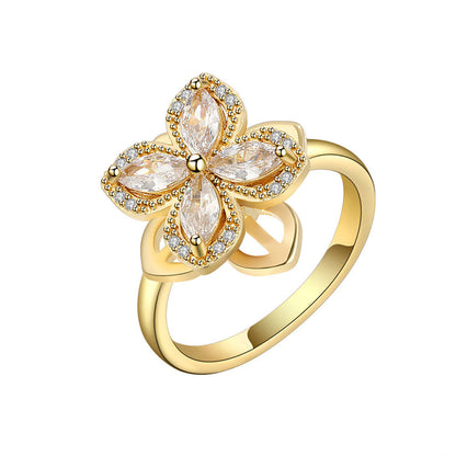 Crystal and Cubic Zirconia 18K Gold-Plated Rotating Floral Ring, gold statement rings for women, side view