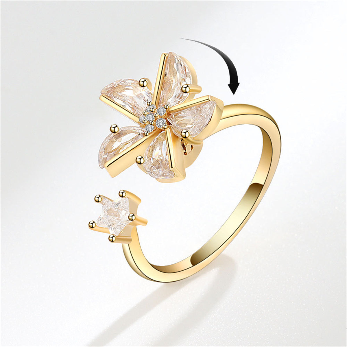 Crystal and Cubic Zirconia Rotating Windmill Open Ring, statement rings for women, elegant gift for her, front view