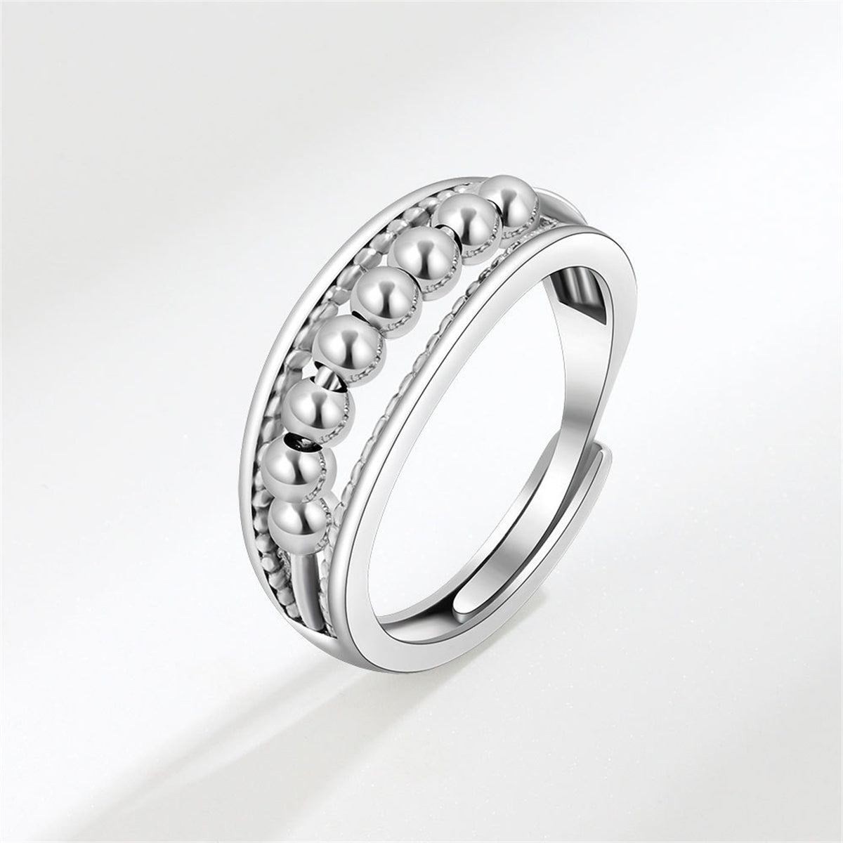 Silver-Plated Beaded Adjustable Ring, silver statement rings for women, vintage-inspired design, front view