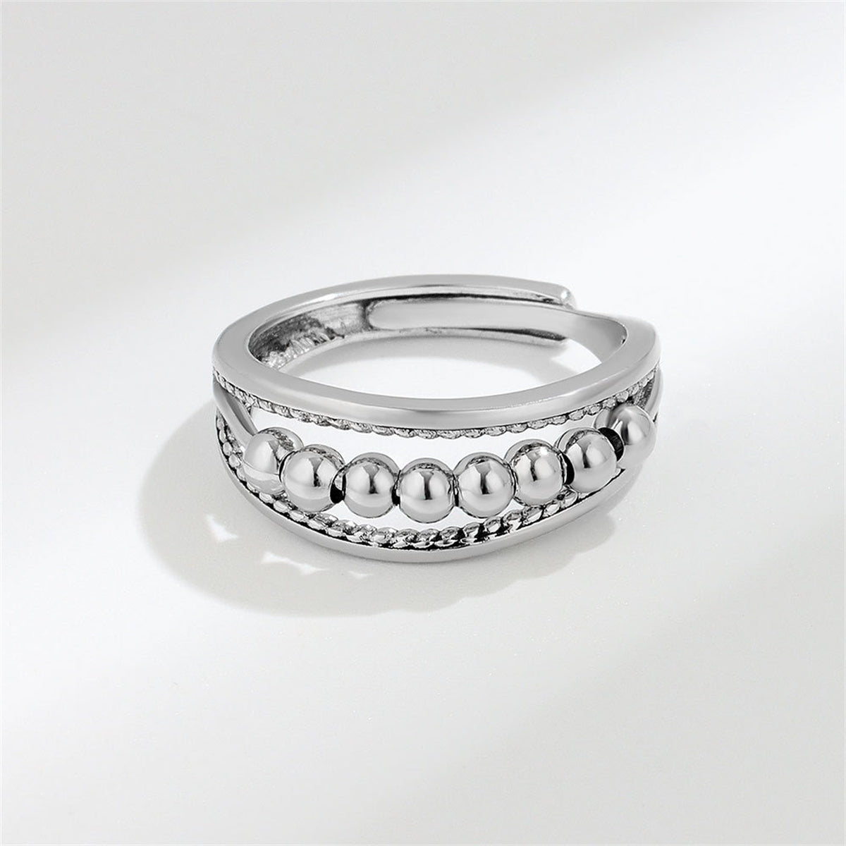 Silver-Plated Beaded Adjustable Ring, silver statement rings for women, vintage-inspired design, detail close-up