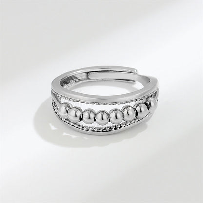 Silver-Plated Beaded Adjustable Ring, silver statement rings for women, vintage-inspired design, detail close-up
