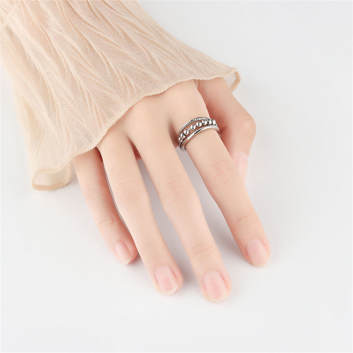 Silver-Plated Beaded Adjustable Ring, silver statement rings for women, vintage-inspired design, styled look