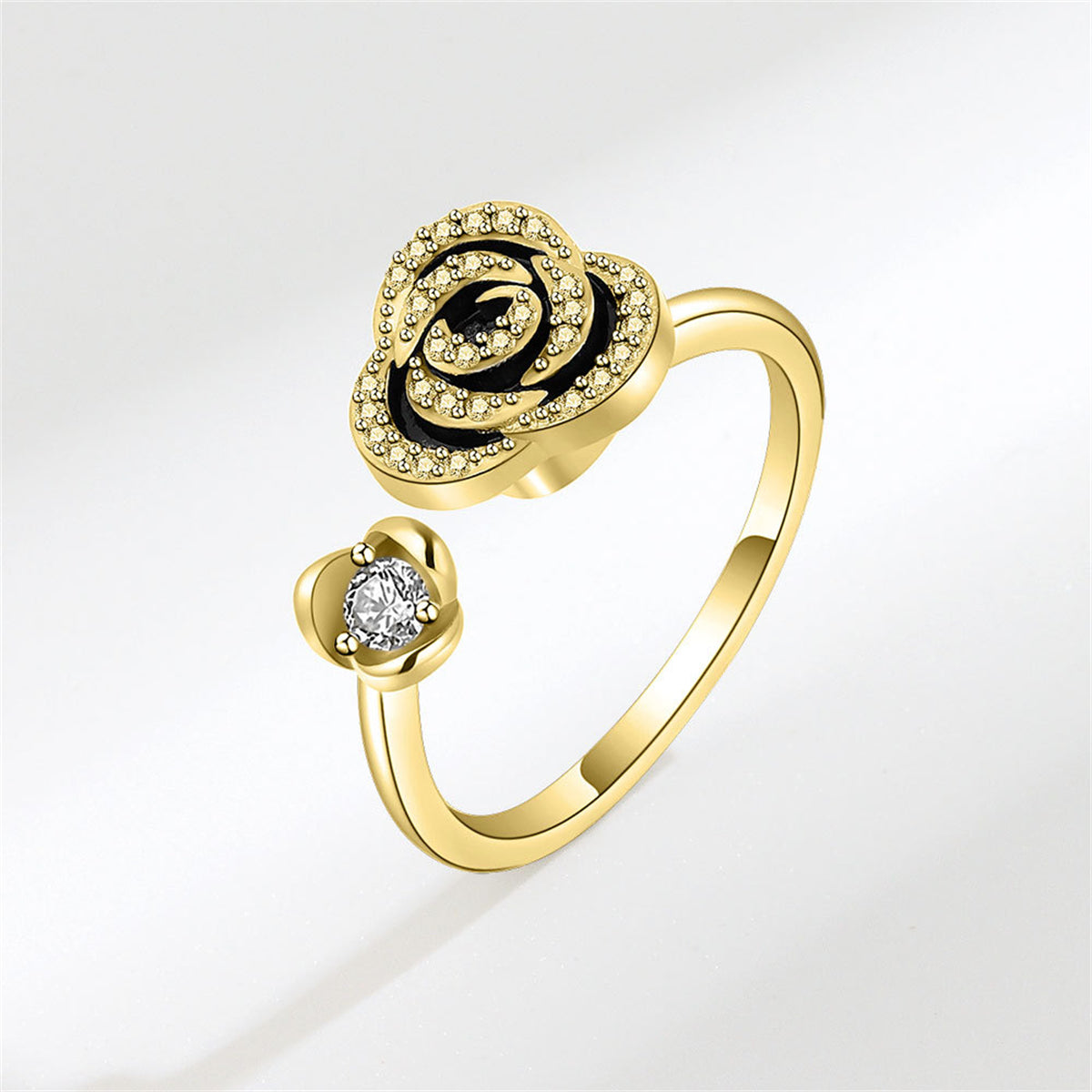 Black Enamel and 18K Gold-Plated Cubic Zirconia-Accent Rotatable Rose Open Ring, gold statement rings for women, front view