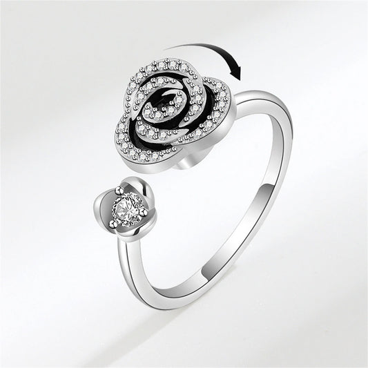 Black Enamel and Silver-Plated Cubic Zirconia-Accent Rotatable Rose Open Ring, silver statement rings for women, front view