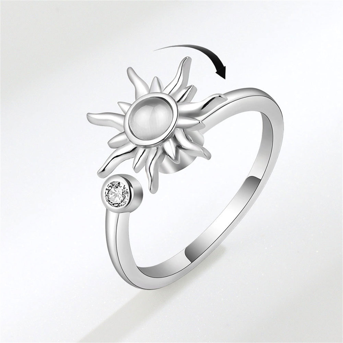Quartz and Silver-Plated Rotating Sun Open Ring, silver statement rings for women, elegant gift for her, front view