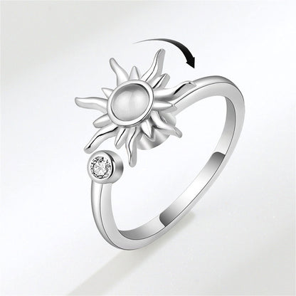 Quartz and Silver-Plated Rotating Sun Open Ring, silver statement rings for women, elegant gift for her, front view