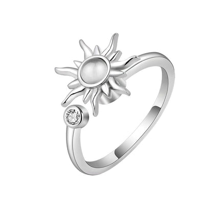 Quartz and Silver-Plated Rotating Sun Open Ring, silver statement rings for women, elegant gift for her, side view