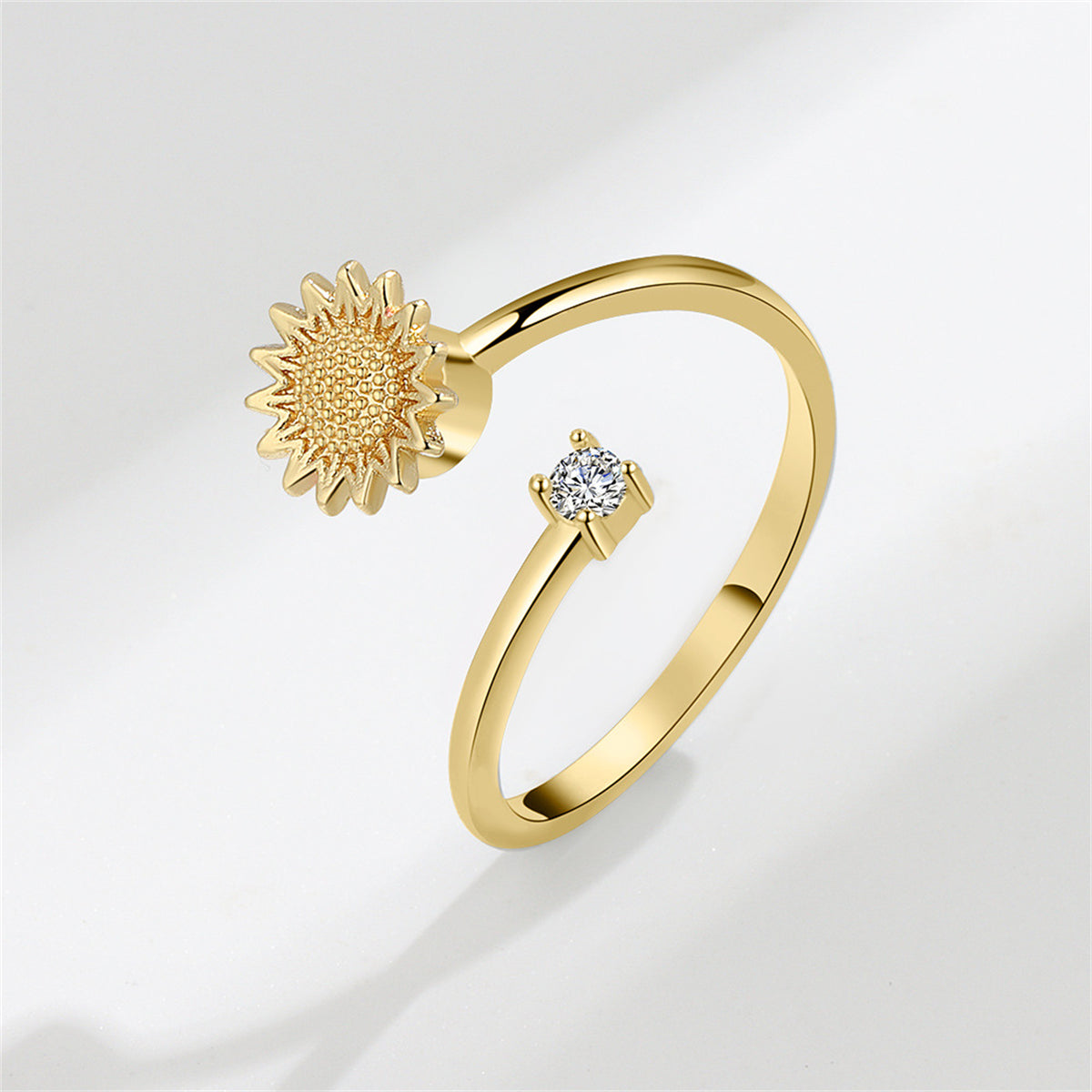 Cubic Zirconia and 18K Gold-Plated Rotating Sunflower Bypass Ring, gold statement rings for women, front view