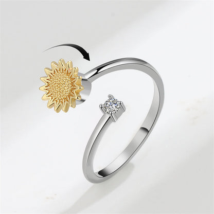 Cubic Zirconia and Two-Tone Rotating Sunflower Bypass Ring, statement rings for women, botanical inspired, front view