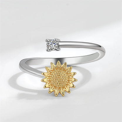 Cubic Zirconia and Two-Tone Rotating Sunflower Bypass Ring, statement rings for women, botanical inspired, side view