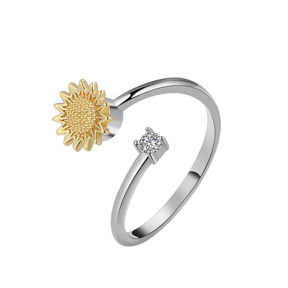 Cubic Zirconia and Two-Tone Rotating Sunflower Bypass Ring, statement rings for women, botanical inspired, detail close-up