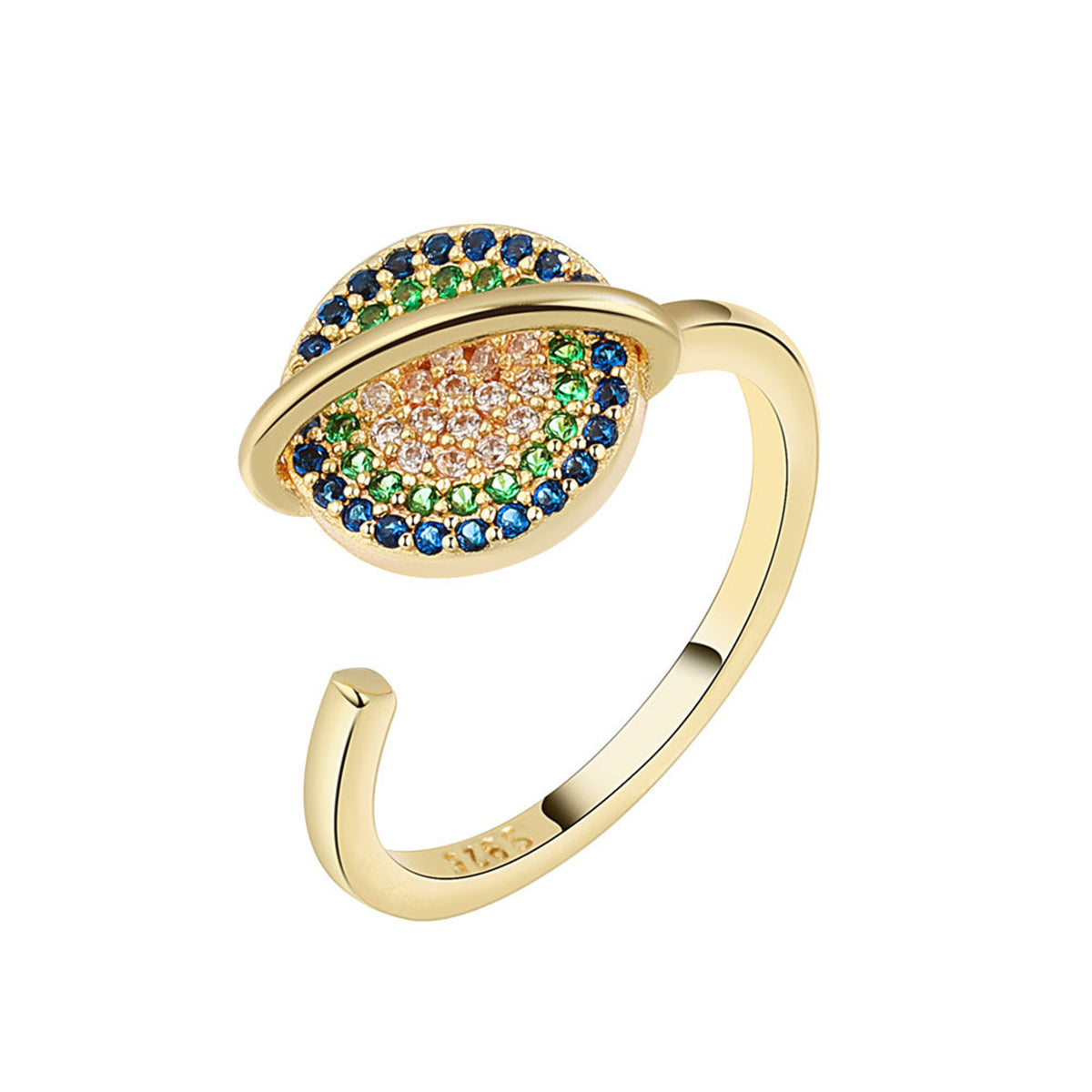 Cubic Zirconia and 18K Gold-Plated Rotatable Planet Open Ring, gold statement rings for women, front view