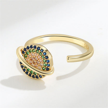 Cubic Zirconia and 18K Gold-Plated Rotatable Planet Open Ring, gold statement rings for women, side view
