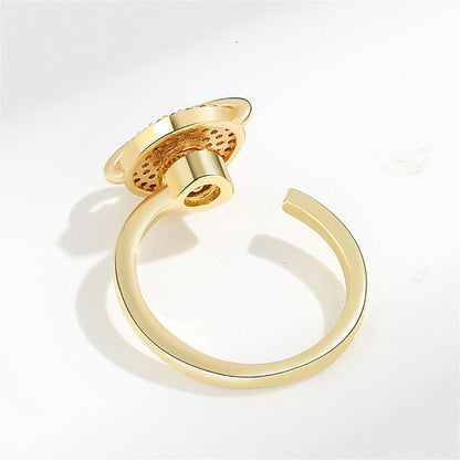 Cubic Zirconia and 18K Gold-Plated Rotatable Planet Open Ring, gold statement rings for women, detail close-up