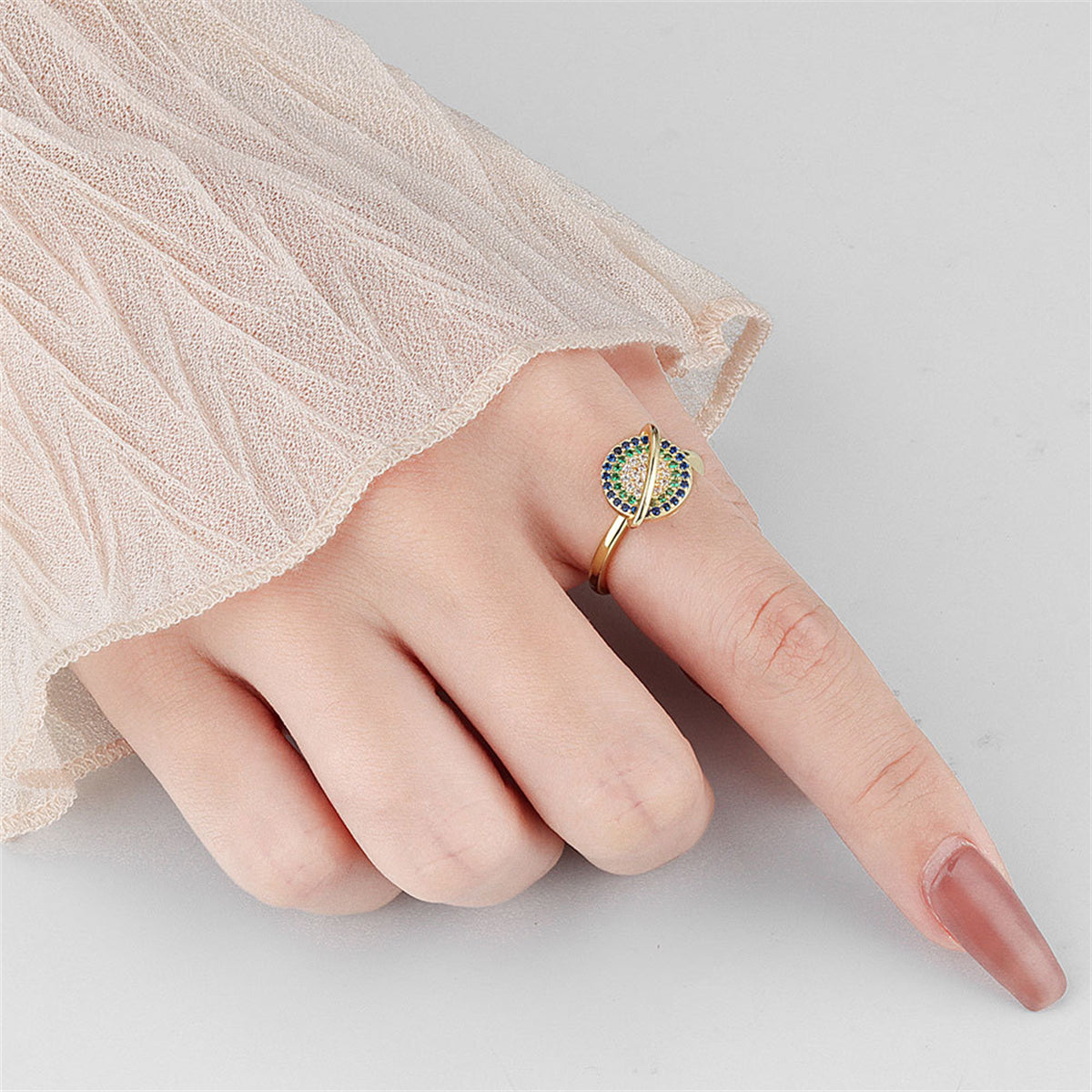 Cubic Zirconia and 18K Gold-Plated Rotatable Planet Open Ring, gold statement rings for women, styled look