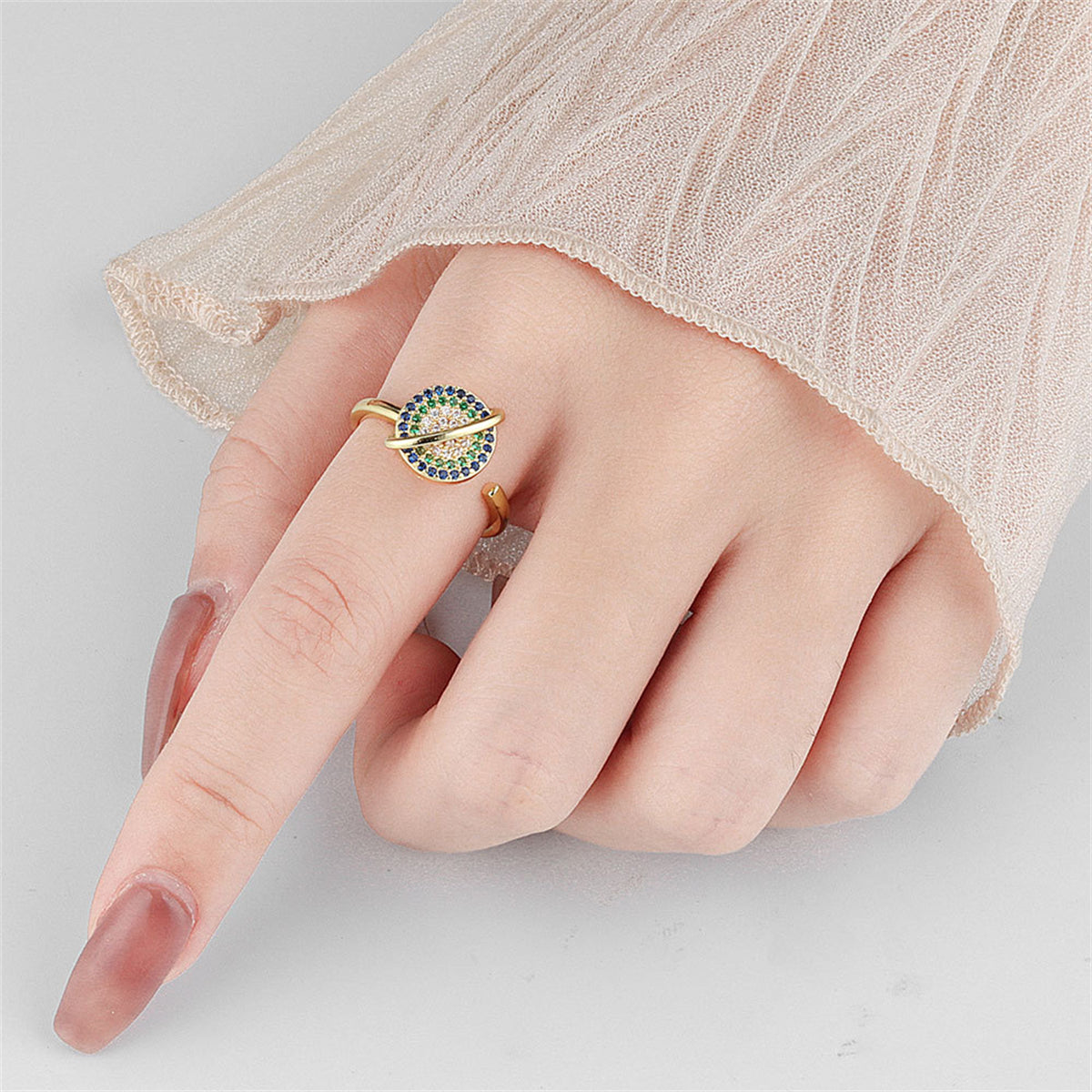 Cubic Zirconia and 18K Gold-Plated Rotatable Planet Open Ring, gold statement rings for women, lifestyle look