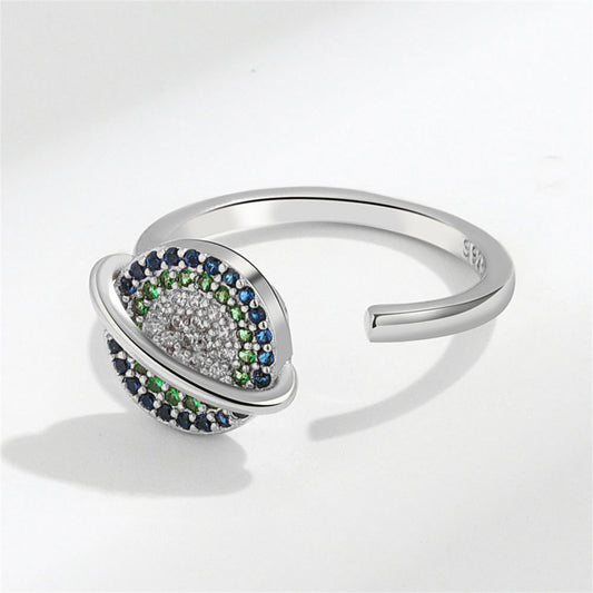 Cubic Zirconia and Silver-Plated Rotatable Planet Open Ring, silver statement rings for women, everyday style, front view