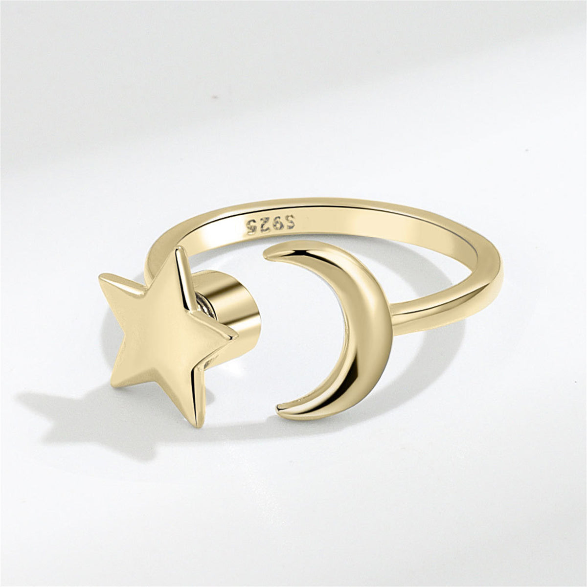 18K Gold-Plated Rotatable Star and Moon Open Ring, gold statement rings for women, dainty minimalist design, front view