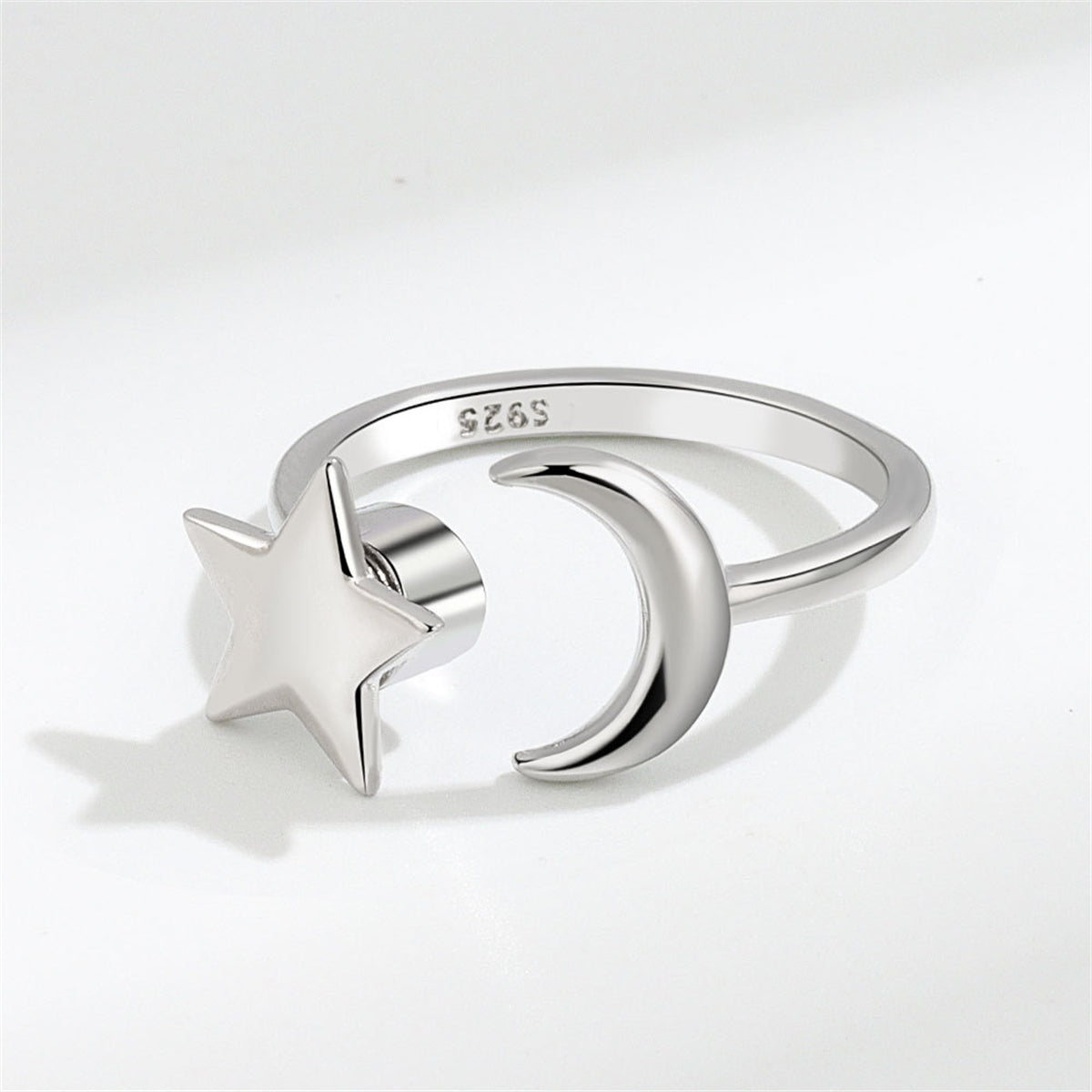 Silver-Plated Rotatable Star and Moon Open Ring, silver statement rings for women, everyday style, front view