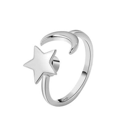 Silver-Plated Rotatable Star and Moon Open Ring, silver statement rings for women, everyday style, detail close-up