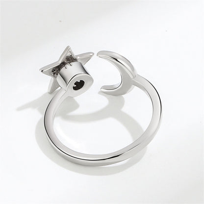 Silver-Plated Rotatable Star and Moon Open Ring, silver statement rings for women, everyday style, lifestyle look