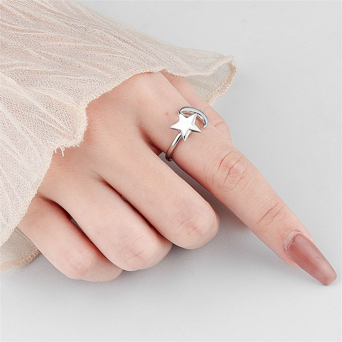 Silver-Plated Rotatable Star and Moon Open Ring, silver statement rings for women, everyday style, side view