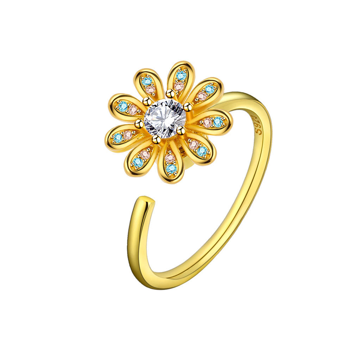 Crystal and Cubic Zirconia 18K Gold-Plated Rotating Flower Open Ring, gold statement rings for women, front view