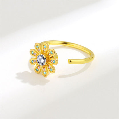 Crystal and Cubic Zirconia 18K Gold-Plated Rotating Flower Open Ring, gold statement rings for women, side view