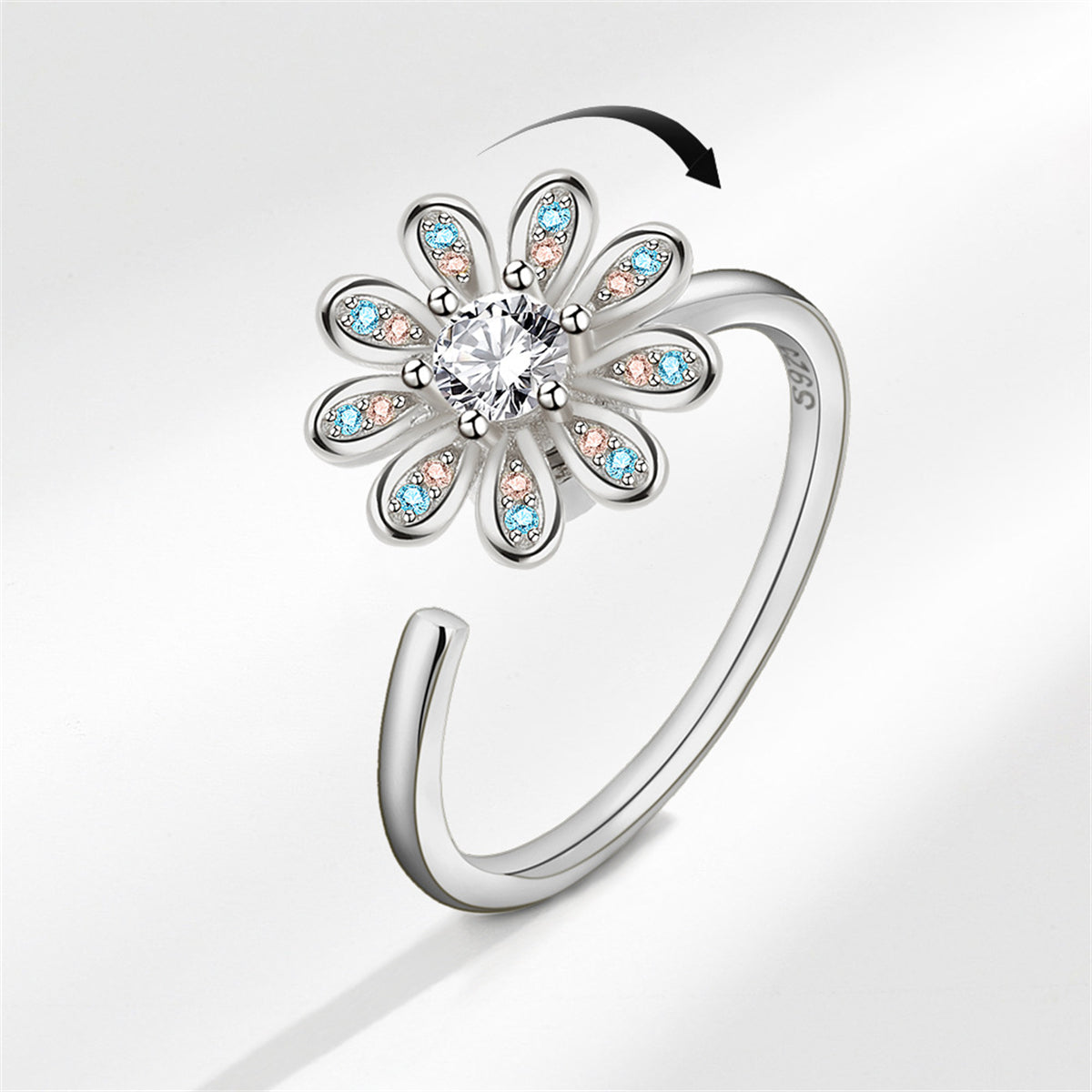 Crystal and Cubic Zirconia Silver-Plated Rotating Flower Open Ring, silver statement rings for women, front view