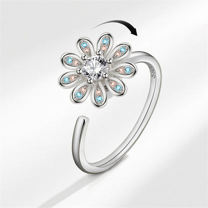 Crystal and Cubic Zirconia Silver-Plated Rotating Flower Open Ring, silver statement rings for women, front view